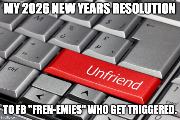 Facebook FrenEmies Unfriend Button | MY 2026 NEW YEARS RESOLUTION; TO FB "FREN-EMIES" WHO GET TRIGGERED. | image tagged in unfriend,facebookfriend,frenemies | made w/ Imgflip meme maker
