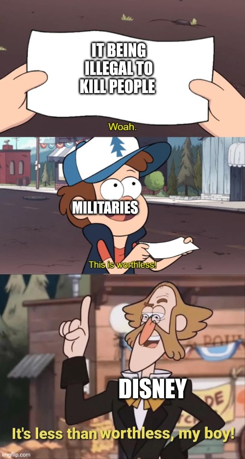 New temp soon | IT BEING ILLEGAL TO KILL PEOPLE; MILITARIES; DISNEY | image tagged in yee | made w/ Imgflip meme maker