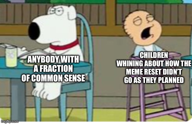 Zzzzesty and Lucas | CHILDREN WHINING ABOUT HOW THE MEME RESET DIDN’T GO AS THEY PLANNED; ANYBODY WITH A FRACTION OF COMMON SENSE | image tagged in angry brian and crying baby | made w/ Imgflip meme maker