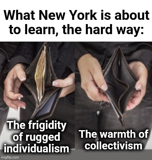 What New York is about
to learn, the hard way:; The frigidity
of rugged
individualism; The warmth of
collectivism | image tagged in memes,individualism,collectivism,democrats,zohran mamdani,socialism | made w/ Imgflip meme maker