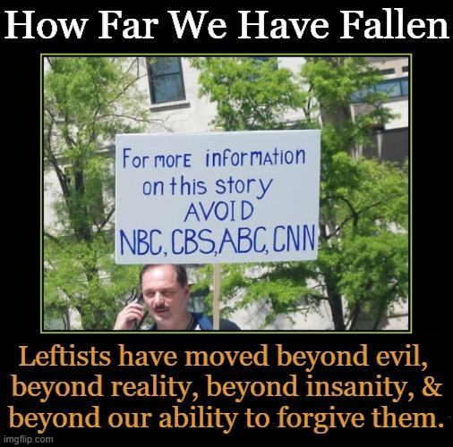 Chaos, Confusion, & Crooked, Corrupt Criminals Deserve Consequences | How Far We Have Fallen; Leftists have moved beyond evil, 
beyond reality, beyond insanity, &
beyond our ability to forgive them. | image tagged in liberalism,democrats,fraud,acceptance,unacceptable,professionals have standards | made w/ Imgflip meme maker