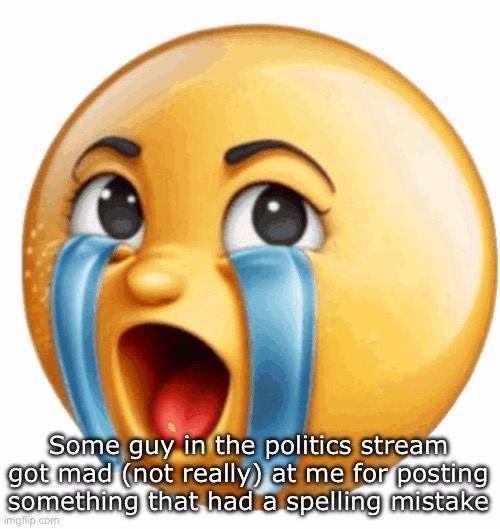 Realistic sob crying emoji | Some guy in the politics stream got mad (not really) at me for posting something that had a spelling mistake | image tagged in realistic sob crying emoji | made w/ Imgflip meme maker