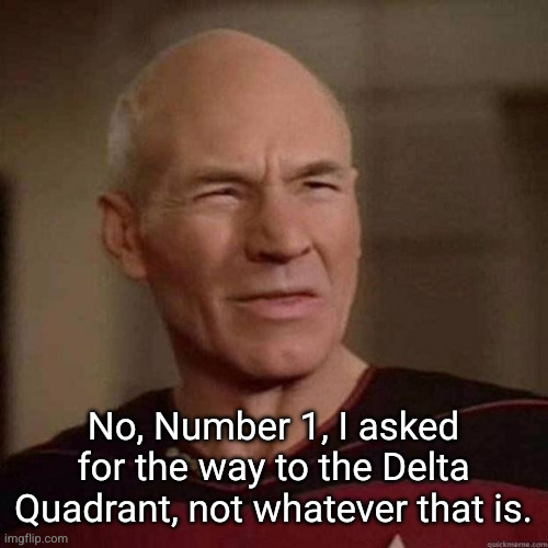 Dafuq Picard | No, Number 1, I asked for the way to the Delta Quadrant, not whatever that is. | image tagged in dafuq picard | made w/ Imgflip meme maker