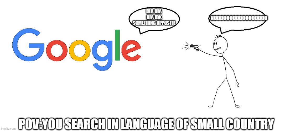 Stickman and Google | NOOOOOOOOOOOOOOOOO; BLA BLA BLA IDK SOMETHING OPPOSITE; POV:YOU SEARCH IN LANGUAGE OF SMALL COUNTRY | image tagged in stickman and google | made w/ Imgflip meme maker