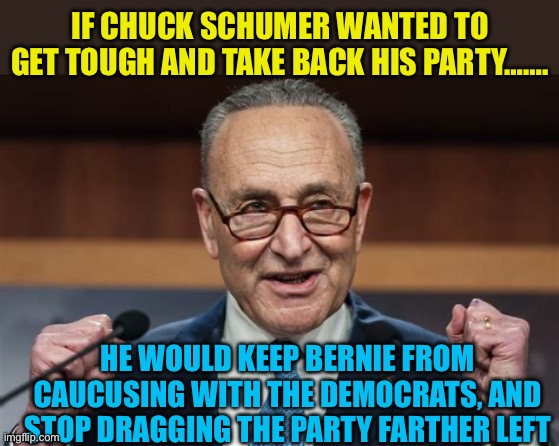 Low approval Chuck! | IF CHUCK SCHUMER WANTED TO GET TOUGH AND TAKE BACK HIS PARTY……. HE WOULD KEEP BERNIE FROM CAUCUSING WITH THE DEMOCRATS, AND STOP DRAGGING THE PARTY FARTHER LEFT | image tagged in gifs,chuck schumer,democrats,democratic socialism,bernie sanders | made w/ Imgflip meme maker