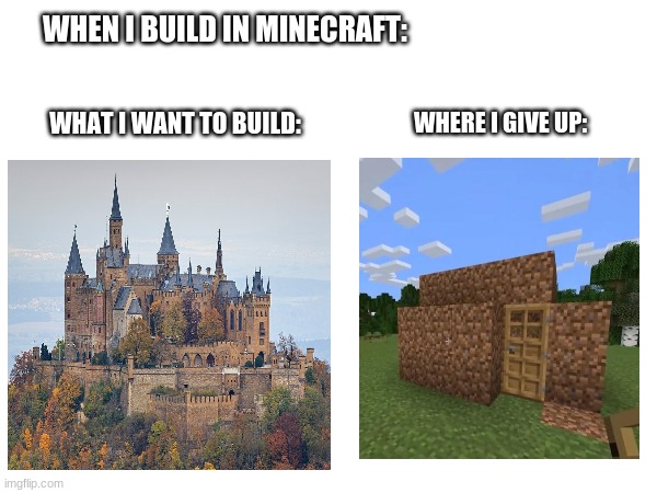 WHEN I BUILD IN MINECRAFT:; WHAT I WANT TO BUILD:; WHERE I GIVE UP: | image tagged in expectation vs reality,minecraft memes | made w/ Imgflip meme maker