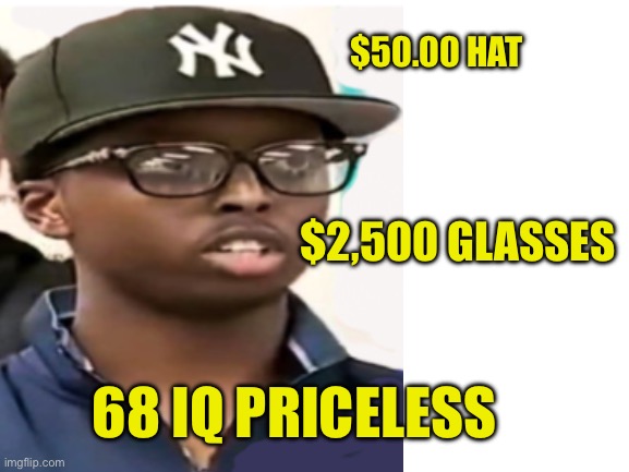 $50.00 HAT $2,500 GLASSES 68 IQ PRICELESS | image tagged in blank white template | made w/ Imgflip meme maker