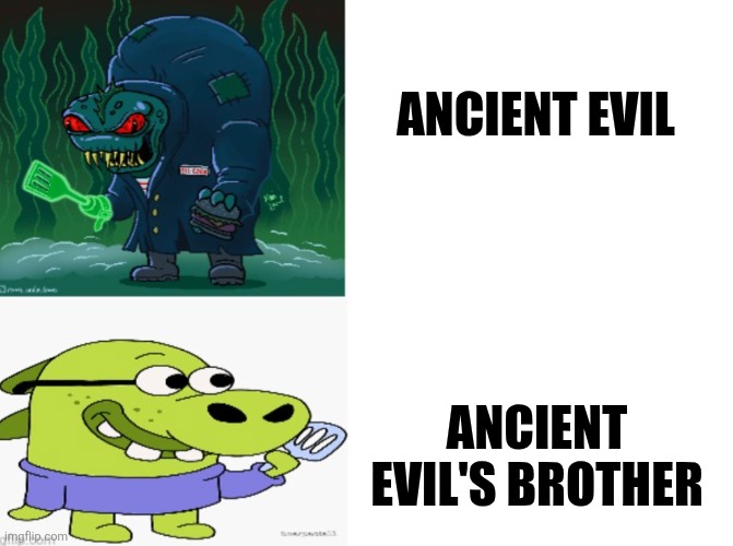 Ancient Evils brother | ANCIENT EVIL; ANCIENT EVIL'S BROTHER | image tagged in the real hash slinging slasher,jpfan102504 | made w/ Imgflip meme maker