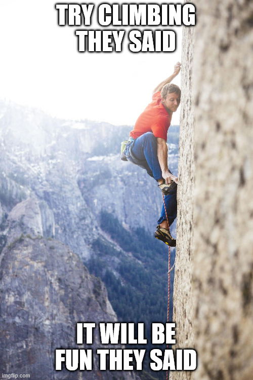 Try climbing they said | TRY CLIMBING THEY SAID; IT WILL BE FUN THEY SAID | image tagged in freeclimbing,latticeclimbing,memes,rock climbing,steel tower,lattice climbing | made w/ Imgflip meme maker