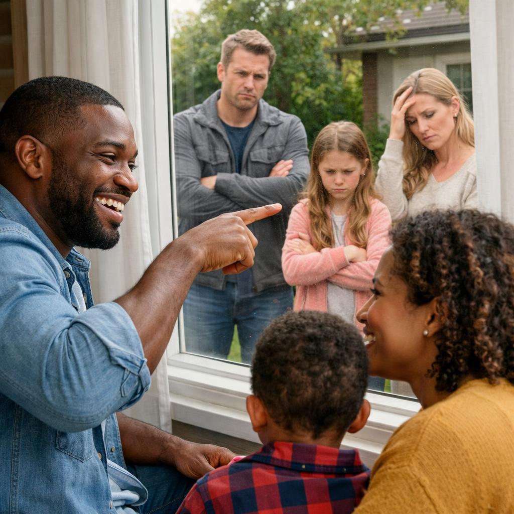 Black man happily points out window of house unhappy white famil Blank Meme Template