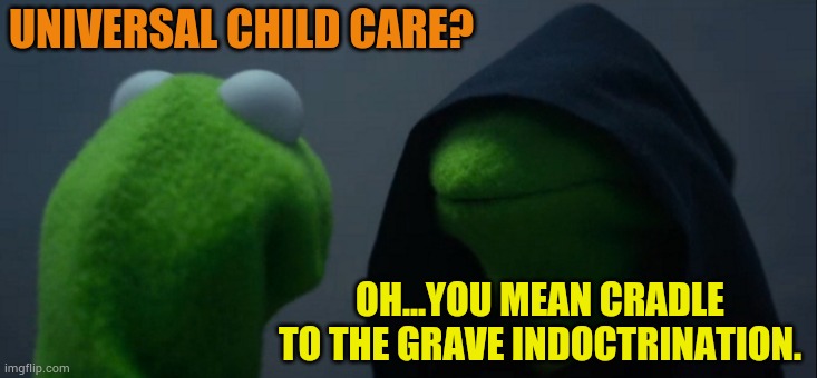 What's The LefT's Definition Of: | UNIVERSAL CHILD CARE? OH...YOU MEAN CRADLE TO THE GRAVE INDOCTRINATION. | image tagged in memes,evil kermit,left,definition,children,politics | made w/ Imgflip meme maker
