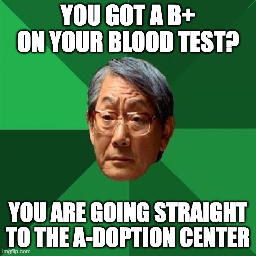 b+ on blood test | YOU GOT A B+ ON YOUR BLOOD TEST? YOU ARE GOING STRAIGHT TO THE A-DOPTION CENTER | image tagged in memes,high expectations asian father | made w/ Imgflip meme maker