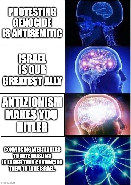 Expanding Brain Meme | PROTESTING GENOCIDE IS ANTISEMITIC; ISRAEL IS OUR GREATEST ALLY; ANTIZIONISM MAKES YOU 
HITLER; CONVINCING WESTERNERS TO HATE MUSLIMS IS EASIER THAN CONVINCING THEM TO LOVE ISRAEL. | image tagged in memes,expanding brain | made w/ Imgflip meme maker