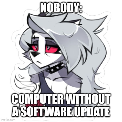 No software update | NOBODY:; COMPUTER WITHOUT A SOFTWARE UPDATE | image tagged in sleepy loona helluva boss,kuzonae4289,jpfan102504 | made w/ Imgflip meme maker