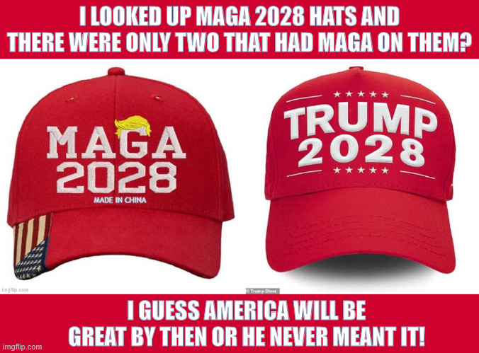 No More MAGA | I LOOKED UP MAGA 2028 HATS AND THERE WERE ONLY TWO THAT HAD MAGA ON THEM? I GUESS AMERICA WILL BE GREAT BY THEN OR HE NEVER MEANT IT! | image tagged in no more maga,that's great,dump trump he lied,promises broken,trump will lie about anything | made w/ Imgflip meme maker