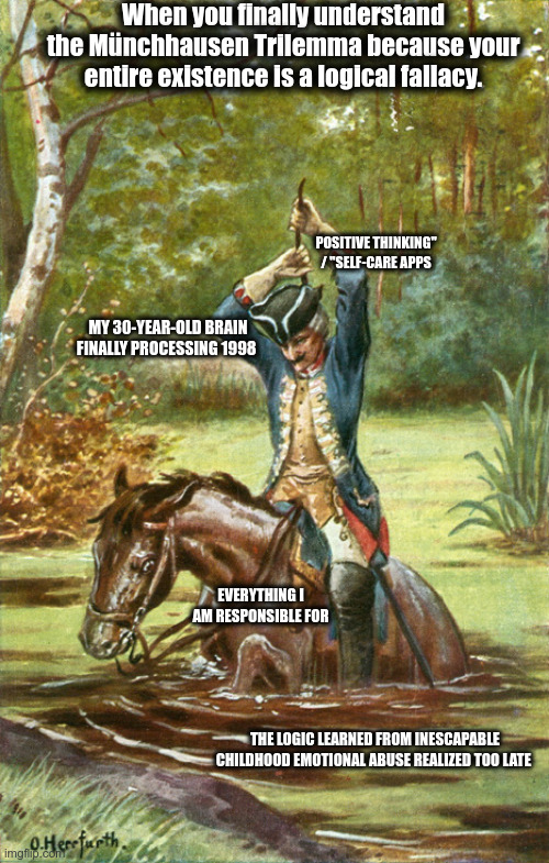 borderline baron | When you finally understand the Münchhausen Trilemma because your entire existence is a logical fallacy. POSITIVE THINKING" / "SELF-CARE APPS; MY 30-YEAR-OLD BRAIN FINALLY PROCESSING 1998; EVERYTHING I AM RESPONSIBLE FOR; THE LOGIC LEARNED FROM INESCAPABLE CHILDHOOD EMOTIONAL ABUSE REALIZED TOO LATE | image tagged in bootstrap baron | made w/ Imgflip meme maker