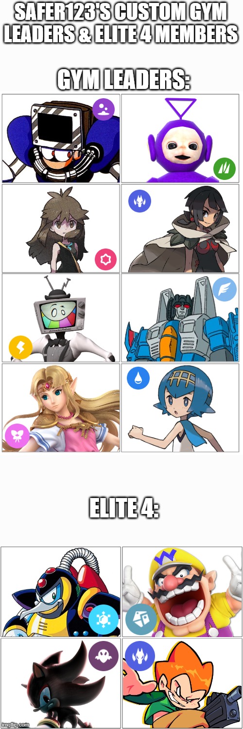 If I made my own Gym Leaders & Elite 4 | SAFER123'S CUSTOM GYM LEADERS & ELITE 4 MEMBERS; GYM LEADERS:; ELITE 4: | image tagged in pokemon,smg4,megaman,nintendo,sonic the hedgehog,transformers | made w/ Imgflip meme maker