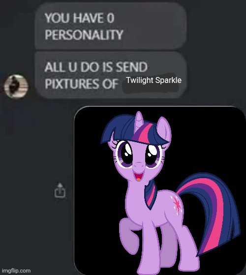 You have no personality, all you do is send pictures of | Twilight Sparkle | image tagged in you have no personality all you do is send pictures of | made w/ Imgflip meme maker