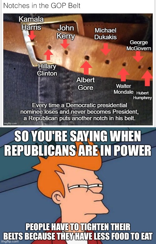 SO YOU'RE SAYING WHEN REPUBLICANS ARE IN POWER; PEOPLE HAVE TO TIGHTEN THEIR BELTS BECAUSE THEY HAVE LESS FOOD TO EAT | image tagged in memes,futurama fry | made w/ Imgflip meme maker