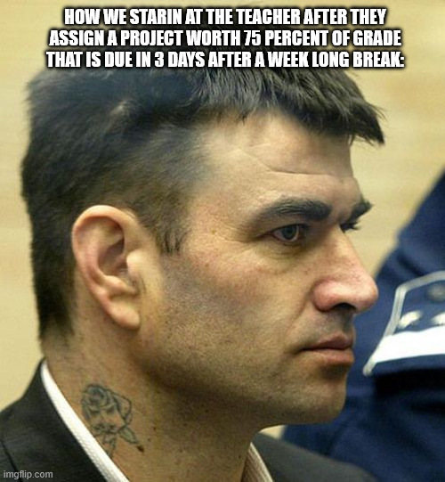 milorad ulemek funni | HOW WE STARIN AT THE TEACHER AFTER THEY ASSIGN A PROJECT WORTH 75 PERCENT OF GRADE THAT IS DUE IN 3 DAYS AFTER A WEEK LONG BREAK: | image tagged in school,annoyance | made w/ Imgflip meme maker