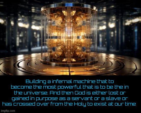Computer God slave servant or master | Building a infernal machine that to become the most powerful that is to be the in the universe. And then God is either lost or gained in purpose as a servant or a slave or has crossed over from the Holy to exist at our time | image tagged in computer god slave servant or master | made w/ Imgflip meme maker