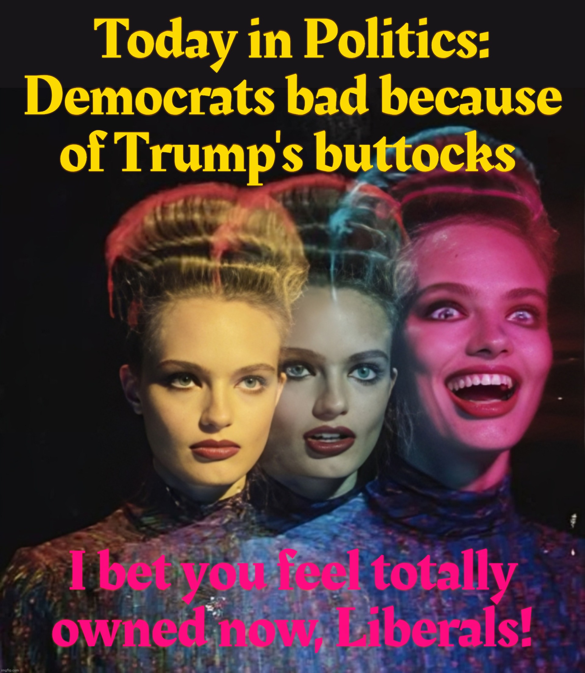 MAGAbots running out of bad things to meme about Democrats, so they're just saying that Democrats are bad because they're bad,,, | Today in Politics: Democrats bad because
of Trump's buttocks; I bet you feel totally
owned now, Liberals! | image tagged in hardy har har ii,democrats bad,trump's buttocks are sore,it's all about the feelz,it ain't easy being overly sensitive,so sad | made w/ Imgflip meme maker