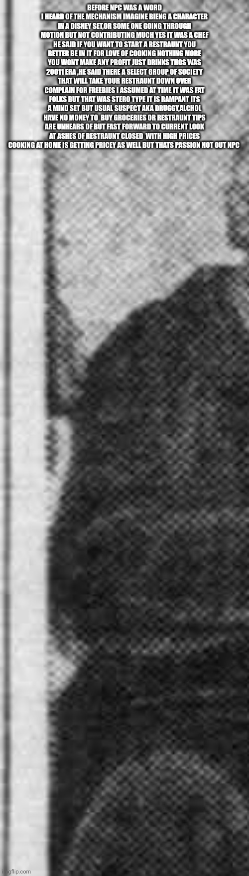 Are NPC the precursor to slavery aka work with no pay,incentive | BEFORE NPC WAS A WORD I HEARD OF THE MECHANISM IMAGINE BIENG A CHARACTER IN A DISNEY SET,OR SOME ONE GOING THROUGH MOTION BUT NOT CONTRIBUTING MUCH YES IT WAS A CHEF HE SAID IF YOU WANT TO START A RESTRAUNT YOU BETTER BE IN IT FOR LOVE OF COOKING NOTHING MORE YOU WONT MAKE ANY PROFIT JUST DRINKS THOS WAS 20011 ERA ,HE SAID THERE A SELECT GROUP OF SOCIETY THAT WILL TAKE YOUR RESTRAUNT DOWN OVER COMPLAIN FOR FREEBIES I ASSUMED AT TIME IT WAS FAT FOLKS BUT THAT WAS STERO TYPE IT IS RAMPANT ITS A MIND SET BUT USUAL SUSPECT AKA DRUGGY,ALCHOL HAVE NO MONEY TO  BUY GROCERIES OR RESTRAUNT TIPS ARE UNHEARS OF BUT FAST FORWARD TO CURRENT LOOK AT ASHES OF RESTRAUNT CLOSED  WITH HIGH PRICES COOKING AT HOME IS GETTING PRICEY AS WELL BUT THATS PASSION NOT OUT NPC | image tagged in wtf,wow | made w/ Imgflip meme maker