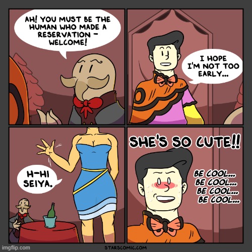 Seiya and Scuti begin their date! | image tagged in stars,restaurant,giant,date,cute,blush | made w/ Imgflip meme maker