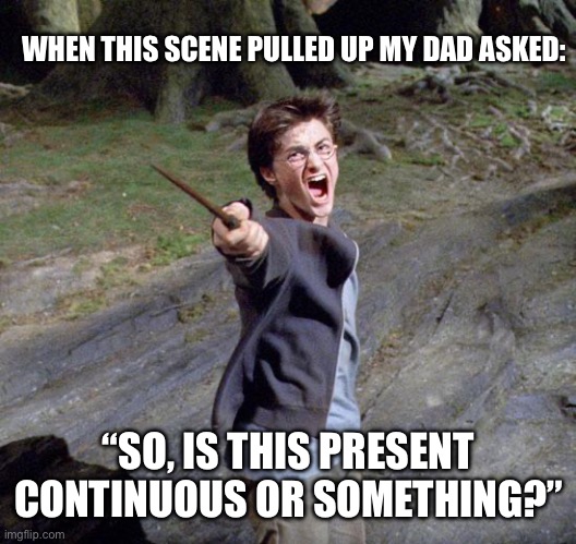 Harry potter | WHEN THIS SCENE PULLED UP MY DAD ASKED:; “SO, IS THIS PRESENT CONTINUOUS OR SOMETHING?” | image tagged in harry potter,memes,english | made w/ Imgflip meme maker