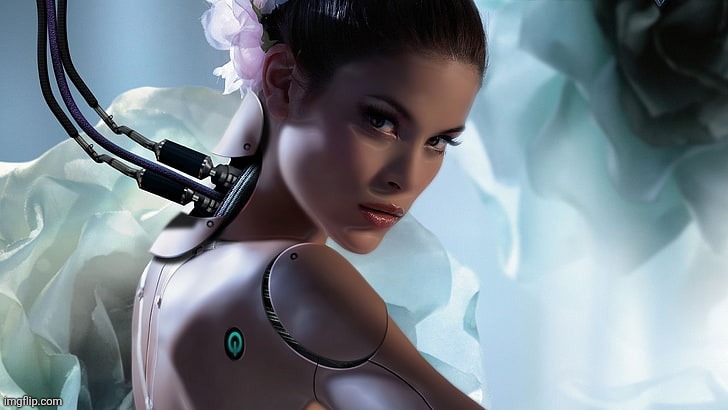 Elegant lifelike female android portrait with subtle futuristic glow