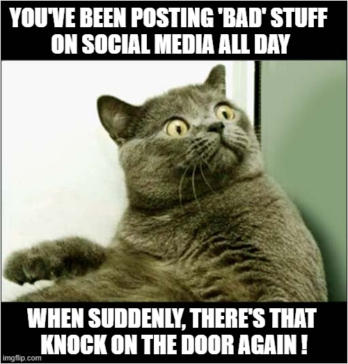Life In The UK | YOU'VE BEEN POSTING 'BAD' STUFF 
ON SOCIAL MEDIA ALL DAY; WHEN SUDDENLY, THERE'S THAT
 KNOCK ON THE DOOR AGAIN ! | image tagged in uk,social media,free speech,arrest | made w/ Imgflip meme maker