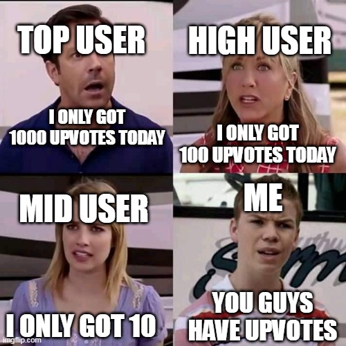 Everybody has one | TOP USER; HIGH USER; I ONLY GOT 1000 UPVOTES TODAY; I ONLY GOT 100 UPVOTES TODAY; ME; MID USER; YOU GUYS HAVE UPVOTES; I ONLY GOT 10 | image tagged in we are the millers,no upvotes,upvotes,upvote,so true memes,oh wow are you actually reading these tags | made w/ Imgflip meme maker