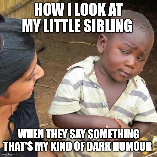 I can't think of a title | HOW I LOOK AT MY LITTLE SIBLING; WHEN THEY SAY SOMETHING THAT'S MY KIND OF DARK HUMOUR | image tagged in memes,third world skeptical kid | made w/ Imgflip meme maker