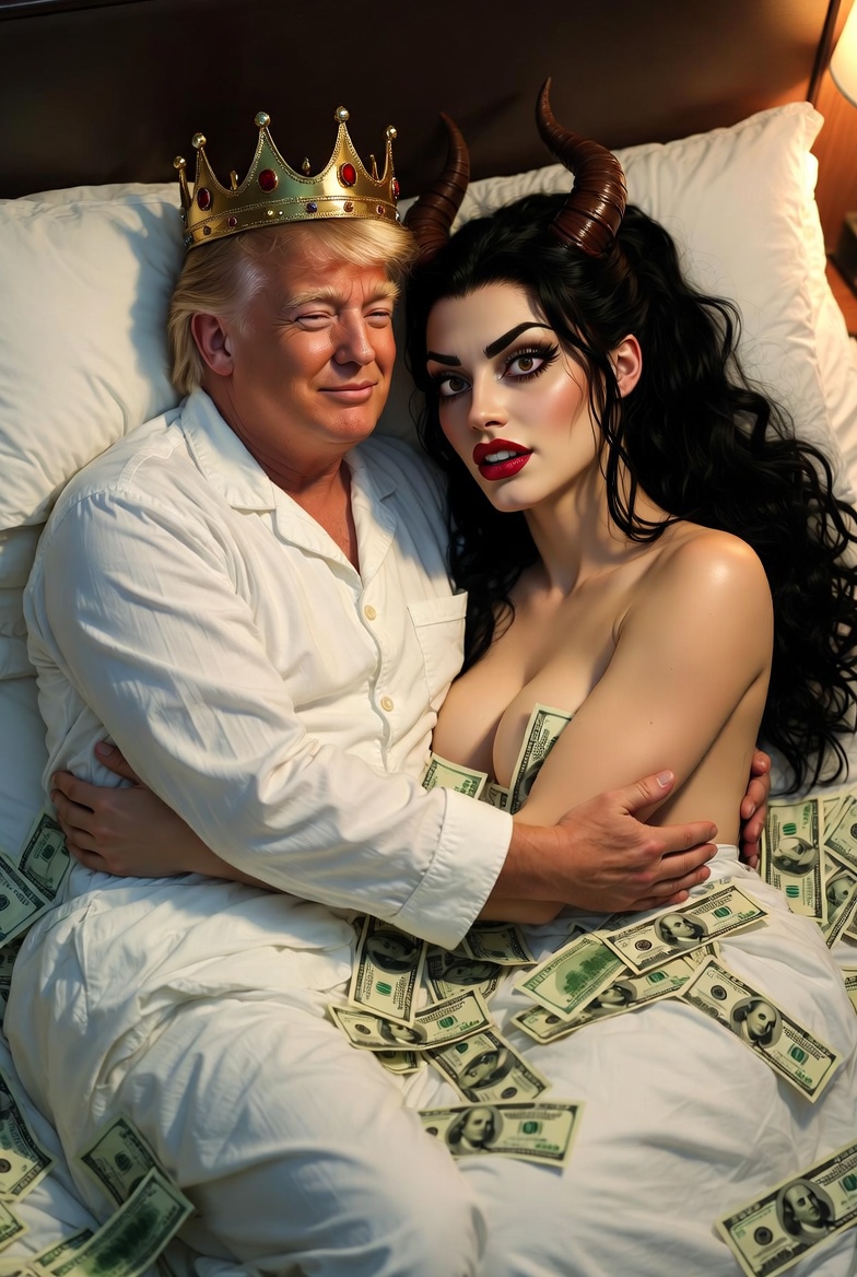 King Donald Trump in bed with Satan Money MAMMON Blank Meme Template