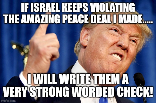 Israel and Donny | IF ISRAEL KEEPS VIOLATING THE AMAZING PEACE DEAL I MADE..... I WILL WRITE THEM A VERY STRONG WORDED CHECK! | image tagged in donald trump,trump,israel,maga,conservative,nevertrump | made w/ Imgflip meme maker