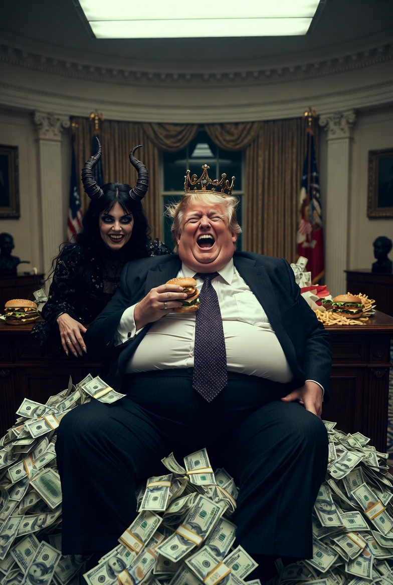Fat Obese King Trump with money and satan in oval office Big Mac Blank Meme Template