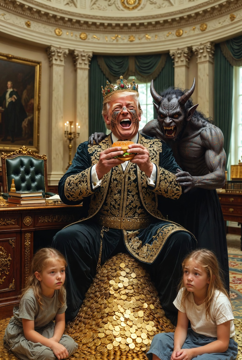 Fat Obese King Trump with money and satan in oval office Big Mac Blank Meme Template