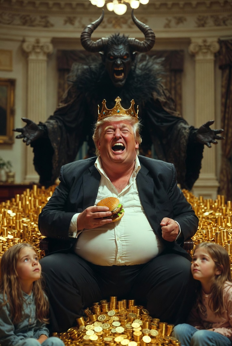 Fat Obese King Trump gold, girls, satan in oval office Big Mac Blank Meme Template