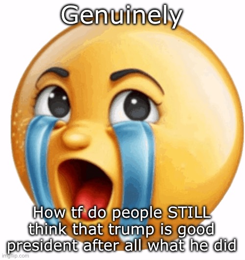 Realistic sob crying emoji | Genuinely; How tf do people STILL think that trump is good president after all what he did | image tagged in realistic sob crying emoji | made w/ Imgflip meme maker