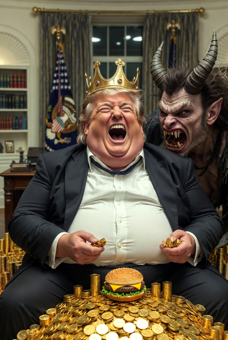 Fat Obese King Trump with gold and satan in oval office Big Mac Blank Meme Template