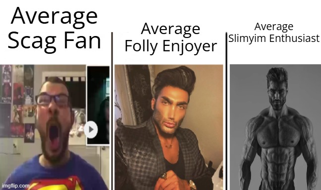 Regretevator bosses be like | Average Scag Fan; Average Folly Enjoyer; Average Slimyim Enthusiast | image tagged in nerd vs chad vs giga chad | made w/ Imgflip meme maker