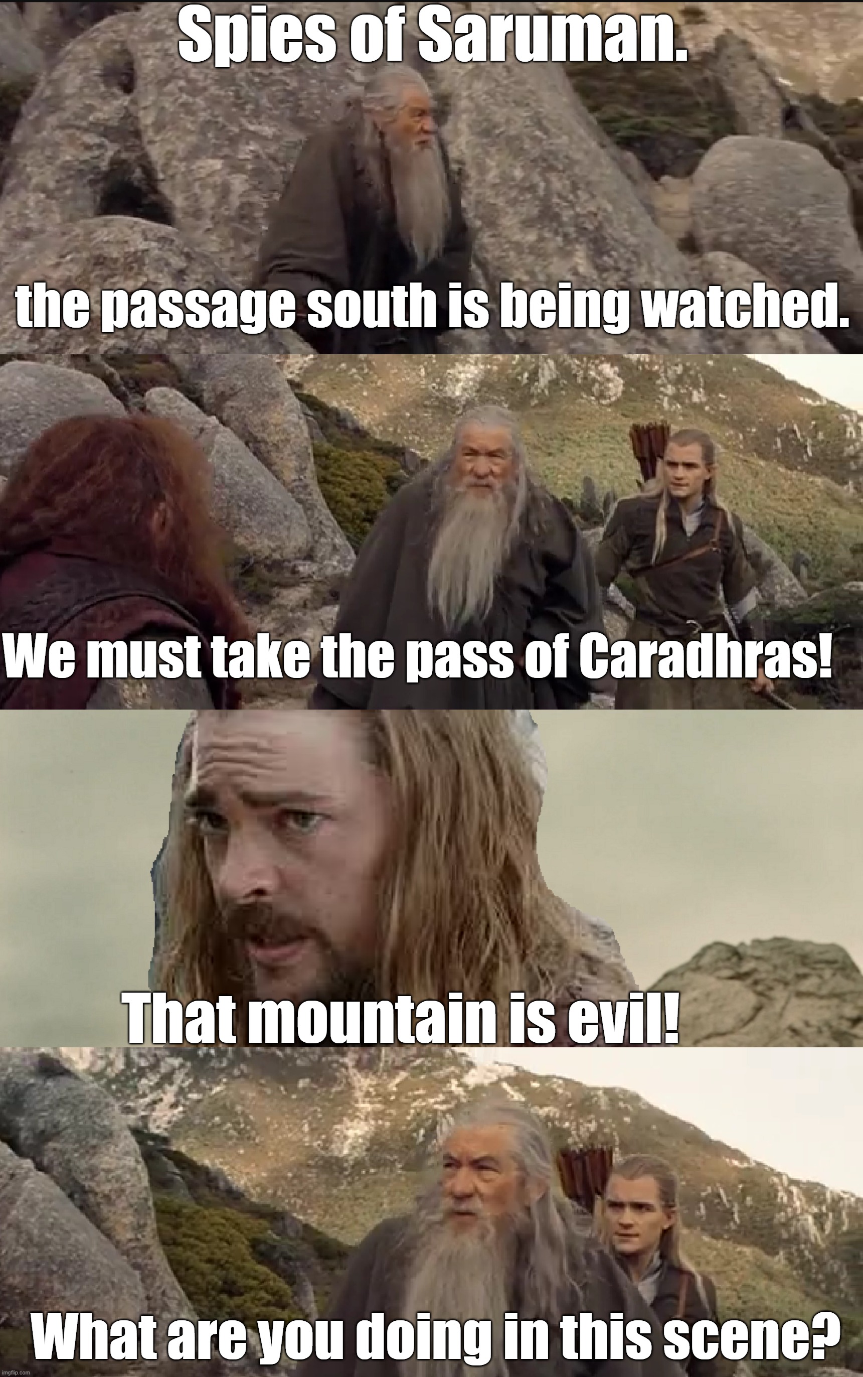 Well, someone had to say it | Spies of Saruman. the passage south is being watched. We must take the pass of Caradhras! That mountain is evil! What are you doing in this scene? | image tagged in lord of the rings,gandalf,legolas,gimli | made w/ Imgflip meme maker