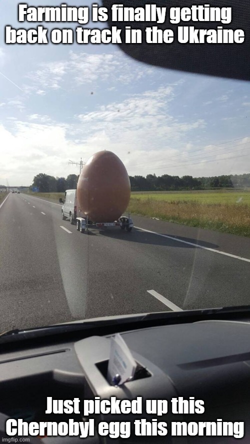 Nuclear Egg | Farming is finally getting back on track in the Ukraine; Just picked up this Chernobyl egg this morning | image tagged in egg,huge,chernobyl,chicken | made w/ Imgflip meme maker