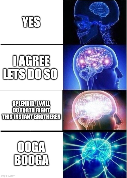 Expanding Brain Meme | YES; I AGREE LETS DO SO; SPLENDID, I WILL DO FORTH RIGHT THIS INSTANT BROTHEREN; OOGA BOOGA | image tagged in memes,expanding brain | made w/ Imgflip meme maker