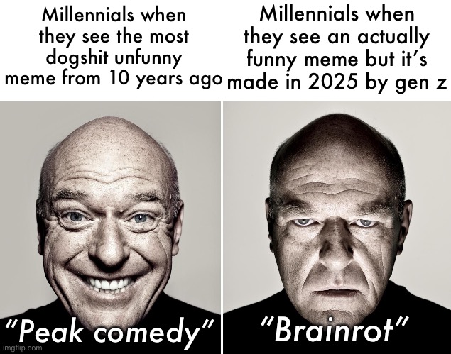 Dean Norris's reaction | Millennials when they see an actually funny meme but it’s made in 2025 by gen z; Millennials when they see the most dogshit unfunny meme from 10 years ago; “Peak comedy”; “Brainrot” | image tagged in dean norris's reaction | made w/ Imgflip meme maker