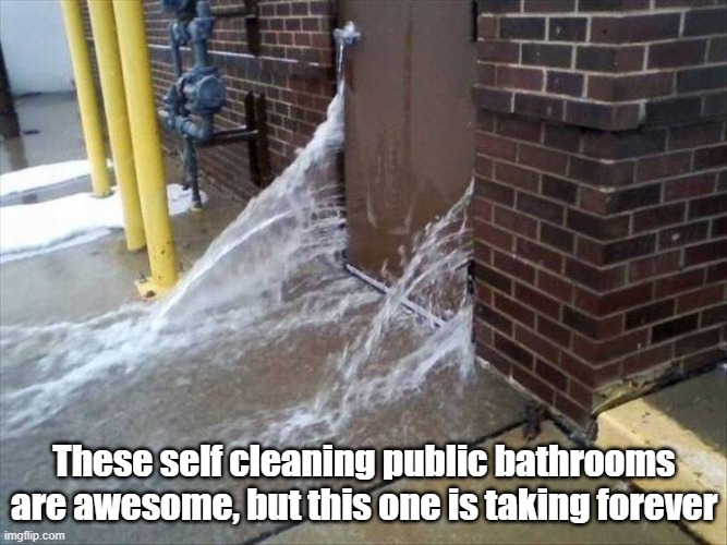 Self Cleaning | These self cleaning public bathrooms are awesome, but this one is taking forever | image tagged in bathroom,cleaning,technology,oops | made w/ Imgflip meme maker