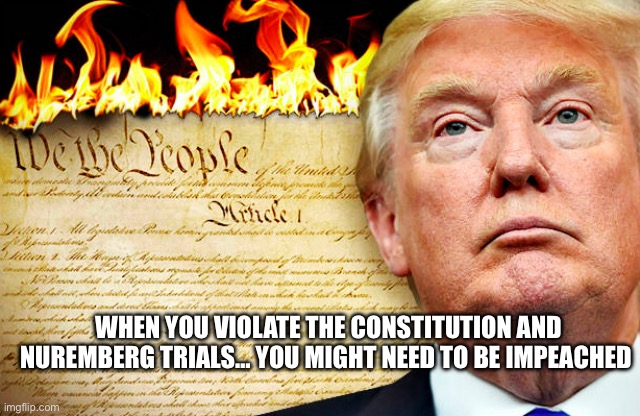 He’s a loser | WHEN YOU VIOLATE THE CONSTITUTION AND NUREMBERG TRIALS… YOU MIGHT NEED TO BE IMPEACHED | image tagged in trump and republicans burning the constitution | made w/ Imgflip meme maker