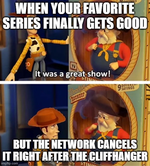 It was a great show! Why cancel it!? | WHEN YOUR FAVORITE SERIES FINALLY GETS GOOD; BUT THE NETWORK CANCELS IT RIGHT AFTER THE CLIFFHANGER | image tagged in it was a great show why cancel it | made w/ Imgflip meme maker