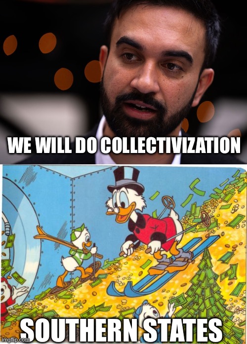 WE WILL DO COLLECTIVIZATION; SOUTHERN STATES | image tagged in zohran mamdani,scrooge mcduck,south,communist socialist,politics,political meme | made w/ Imgflip meme maker