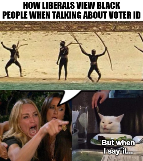 HOW LIBERALS VIEW BLACK PEOPLE WHEN TALKING ABOUT VOTER ID; But when I say it... | image tagged in woman shouting at cat,funny,racism,voter fraud,irony | made w/ Imgflip meme maker